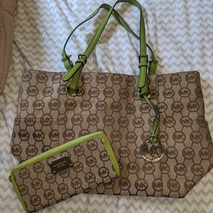 Green and brown Michael Kors tote and wallet